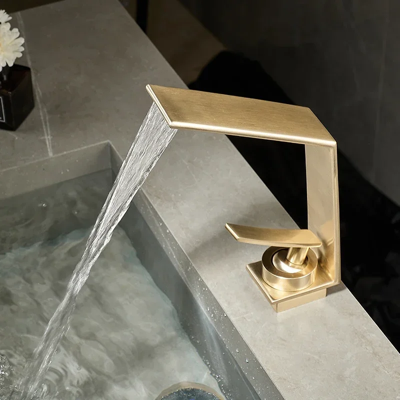 

Light Luxury Brushed Gold Basin Wash Basin Faucet Bathroom Drop-in Sink Household Bathroom Cabinet Hot and Cold Waterfall Faucet