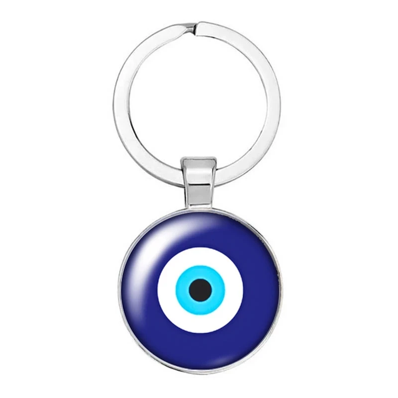 Hot Vintage Beautiful Blue Evil Eye Religious Photo Round Glass Cabochon Keychain Car Key Ring Ring Holder Charm Jewelry Gift Ke