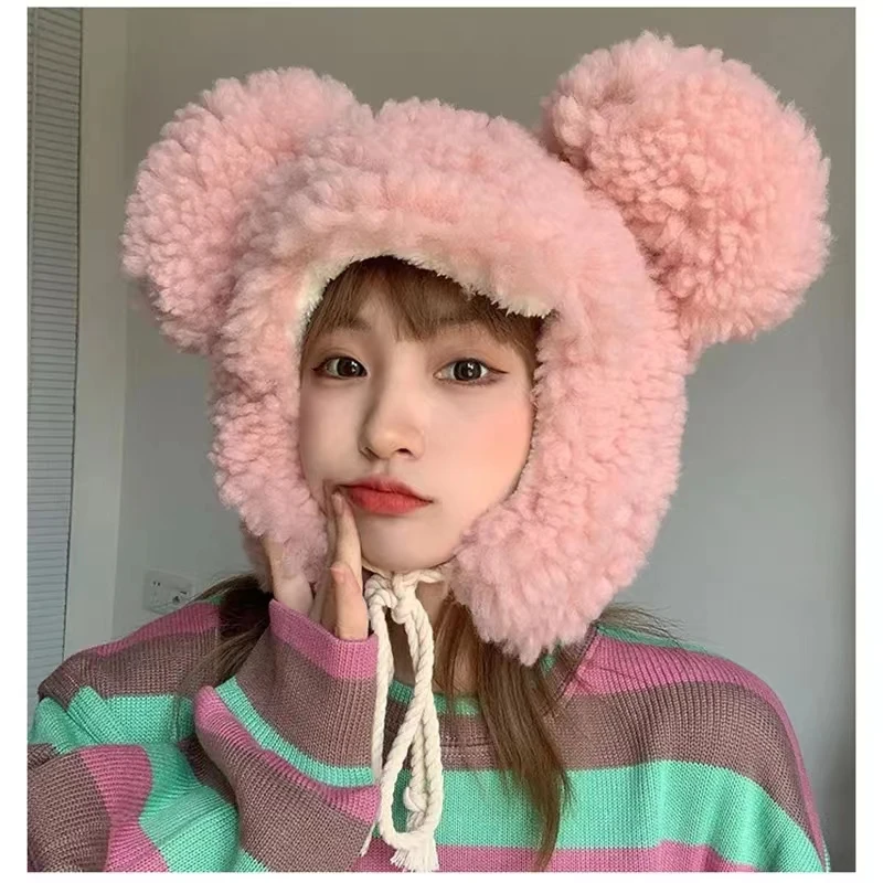Women Winter Thicken Plush Warm Earflap Hat Cute Bear Ears Windproof Beanie Cap with drawstring Chin Strap 4