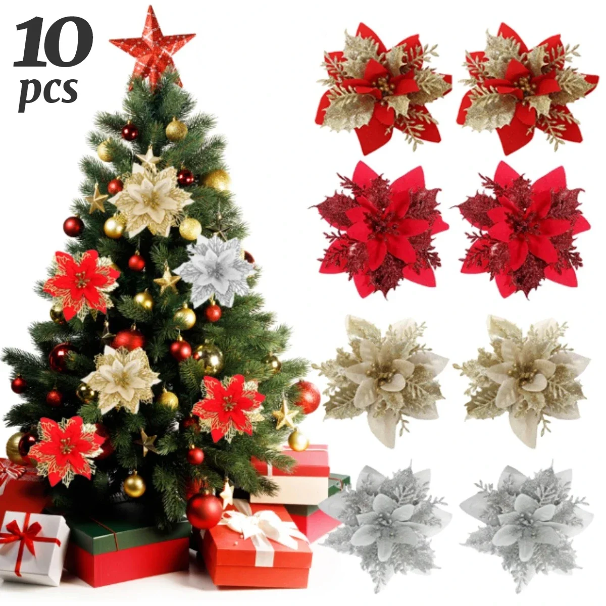 Christmas Decorations 10/1pcs 15cm Glitter Christmas Flowers Artificial Poinsettia Flower Head Xmas Tree Ornament