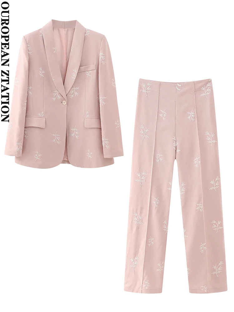 

PAILETE Women 2023 fashion embroider single button blazer coat or high waist contrast embroidery pants two pieces sets mujer