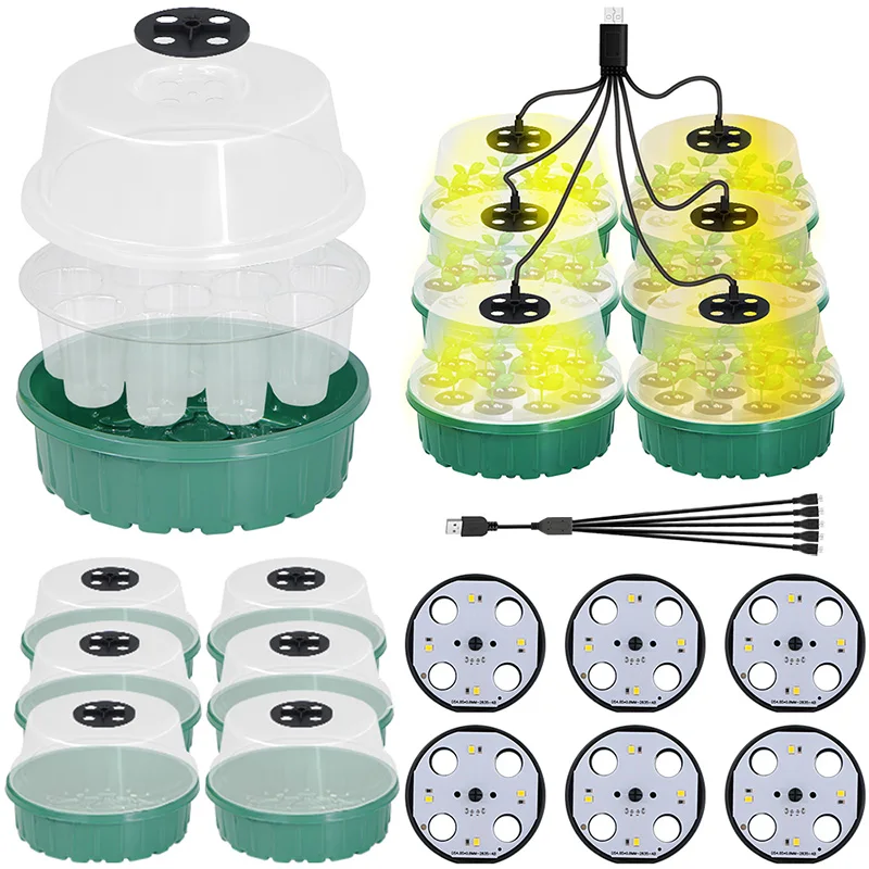 Full Spectrum Yellow LED Grow Warm Light 14-Cell Growing Box Round Seed Starter Tray for Plant Indoor Nursery Germination
