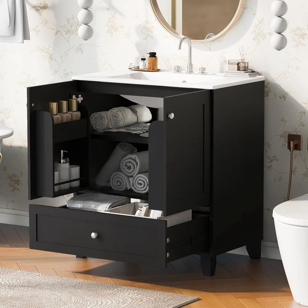 30inch Bathroom Vanity with Sink,Solid Wood Single Bathroom Cabinet,with Storage Doors and Drawer,Ceramic Sink,Easy Assmebly 2