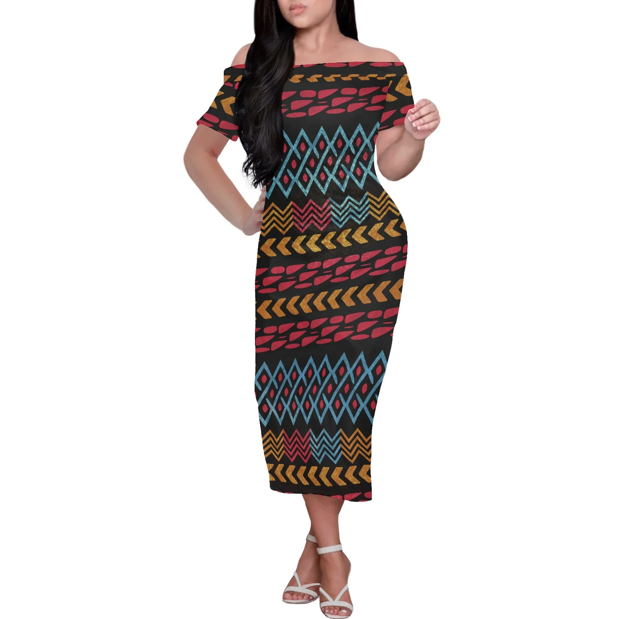 

Festival Women's Strapless Dress Short Sleeve Party Polynesian Traditional Tribal Print Club Formal Occasions Dress Hips