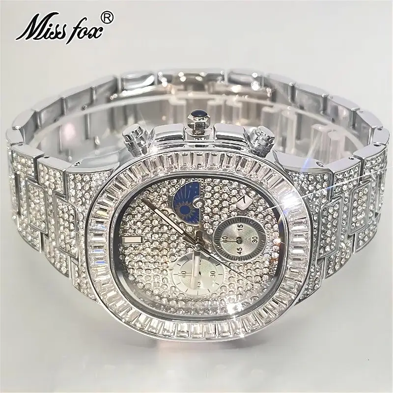 Luxury Gold Watches Mens Brand MISSFOX Fashion Iced Bling Quartz Wristwatches Man Hip Hop Square Diamond Moon Phase Clocks Reloj
