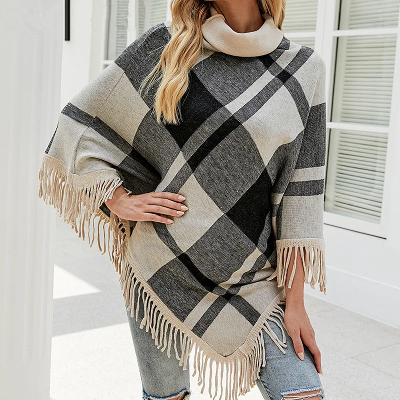 Retro Plaid Bat Sleeve Poncho Sweater Coat Autumn Winter New Overcoat Cape  Women's Color-blocking Knitted Shawl Ladies Wraps - AliExpress