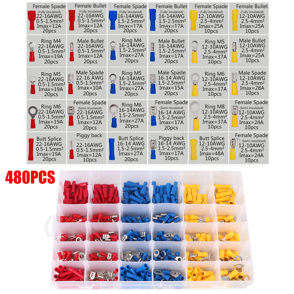 압연 단자 전선 압착 280/480PCS 모듬 키트 절연 케이블 커넥터 스페이드 버트 링 러그 포크 세트 - AliExpress