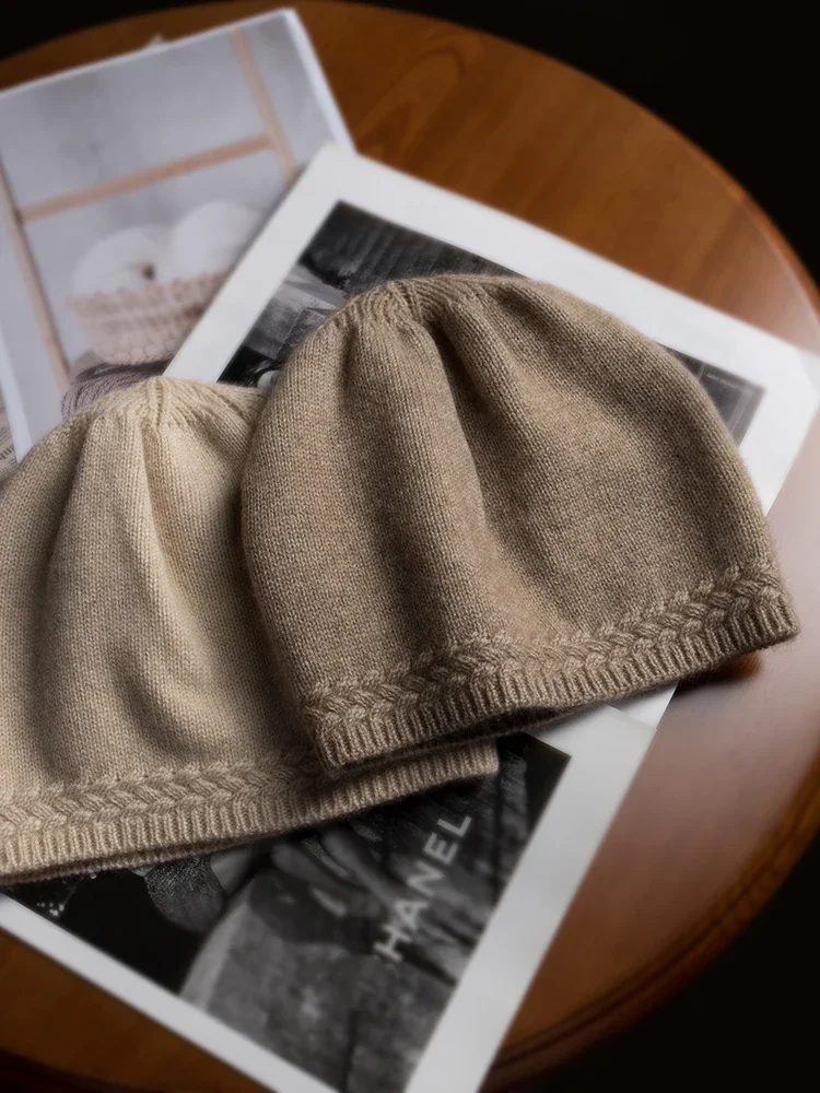 Autumn Winter Women Cashmere 35% Beanie Hat Thick Casual Hat Bottom Pattern Warm Soft Wool Real Pushmina Cap 4