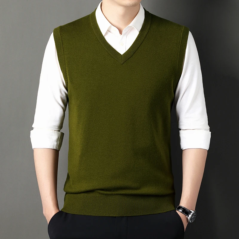 Men Sweater Vests 100％ Wool Knitted Sweater Vests Pullovers Autumn/Winter