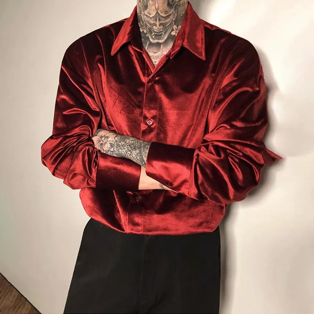 

Mens Gold Velvet Casual Trend Shirt 2024 New Genderless Fashion Temperament Shiny Shirt Couple Long-sleeved New Clothing Unisex
