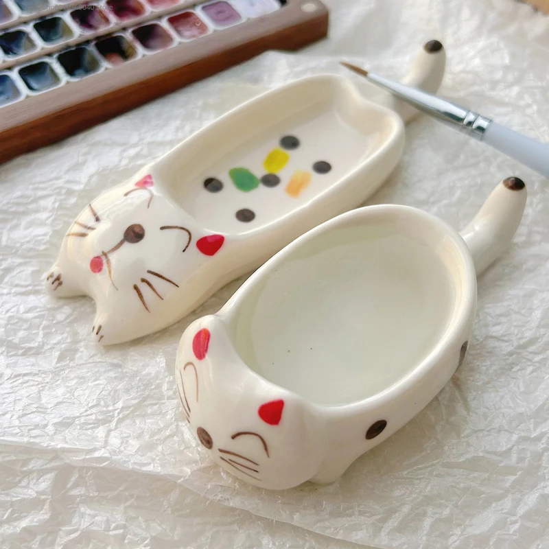 Creative Ceramic Watercolor Palette Cute Cat/Dog Paint Tray Pen Holder Easy To Clean Portable Painting Art Supplies