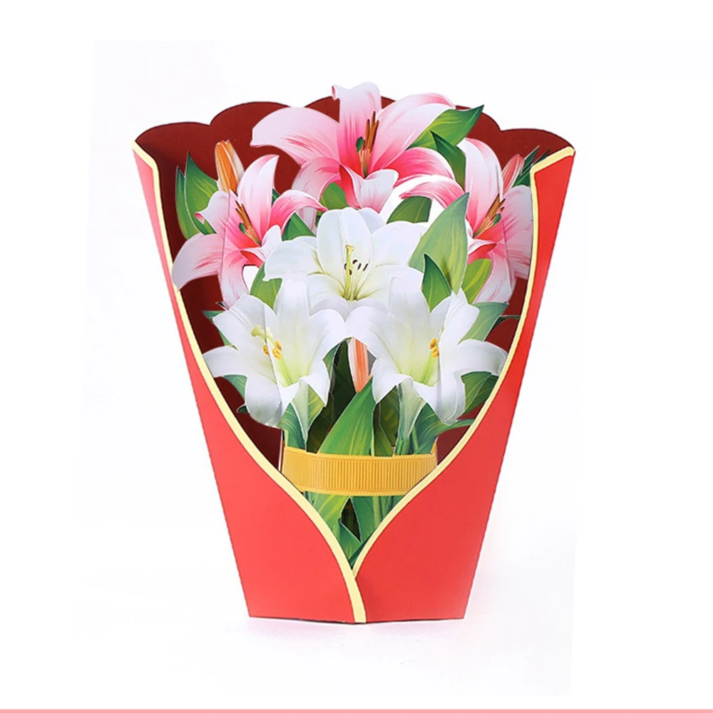 Paper Pop-Up Cards Lilies Flower Bouquet 3D Greeting Cards for Mom Mothers Day All Occasions