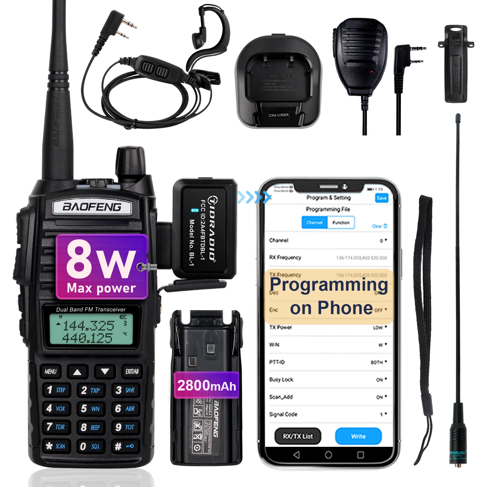 

Baofeng UV-82 Walkie Talkie 8W Phone APP Wireless Programming Copy Ham Radio Dual PTT Radios Upgrade UV-5R for Hunting UV 82