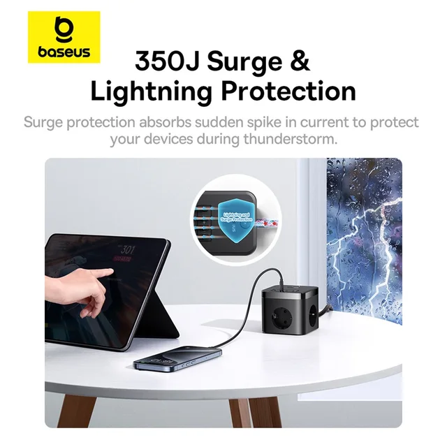 Bas192.- Station de charge de bureau avec protection contre les surtensions, chargeur 30W, multiprise rapide, prise 3AC, iPhone 16, 15, tablettes 6