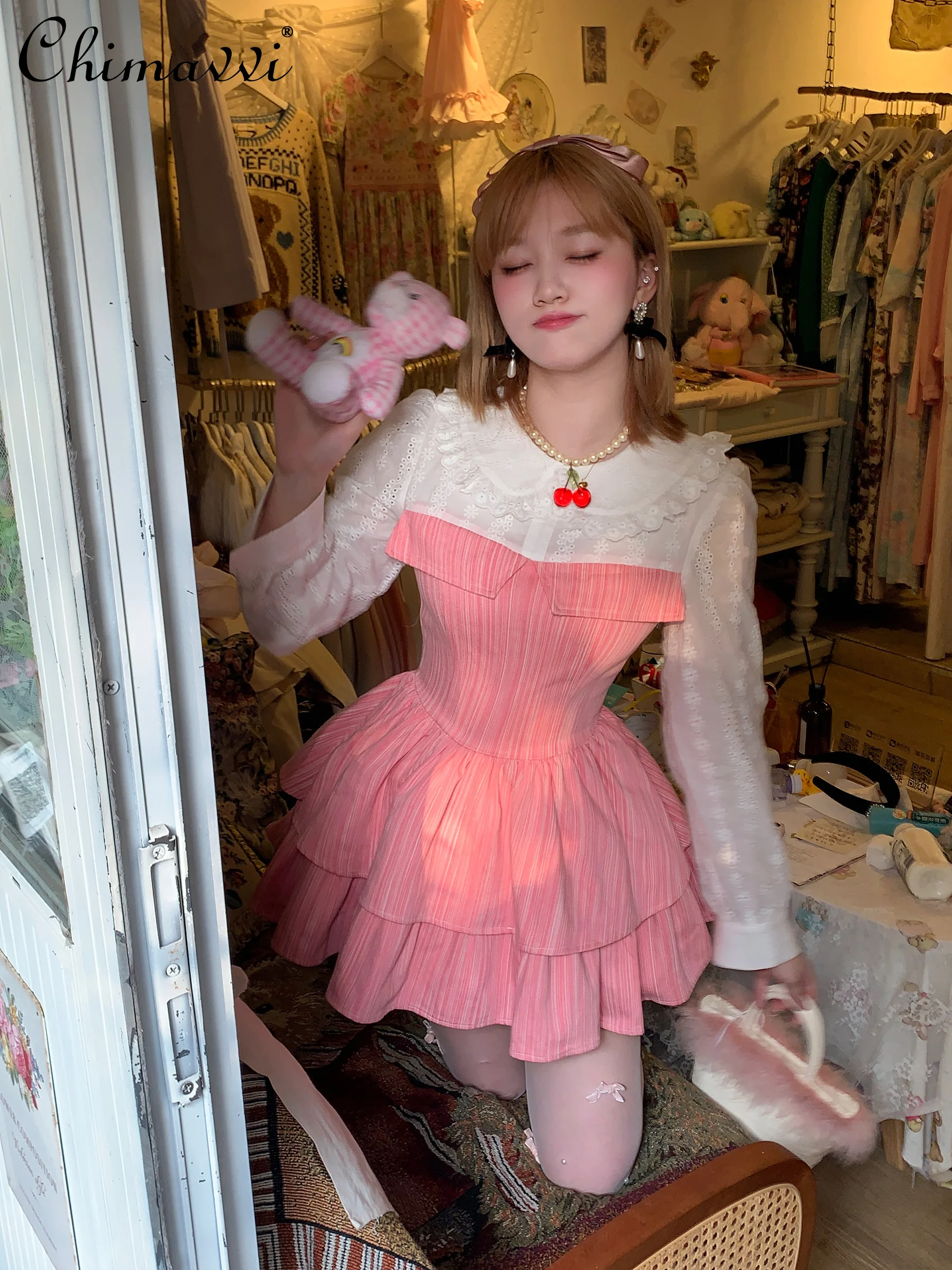 

2023 Early Autumn Sweet Cute Short Dress Girly Style Round Neck Long Sleeve Elegant Dress Fashionable Feminine Mini Dress Women