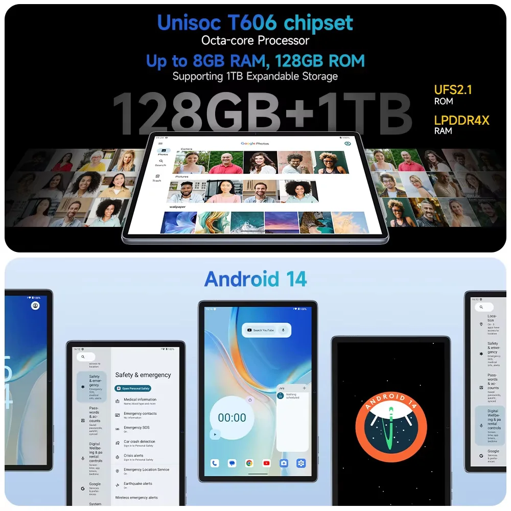 Ulefone Tab W10,8Гб + 128ГБ,Android 14 Tablet,6600 мАч, 8 МП,10.1" FHD+,4G Tablet,Unisoc T606 Widevine L1,Global Version 4