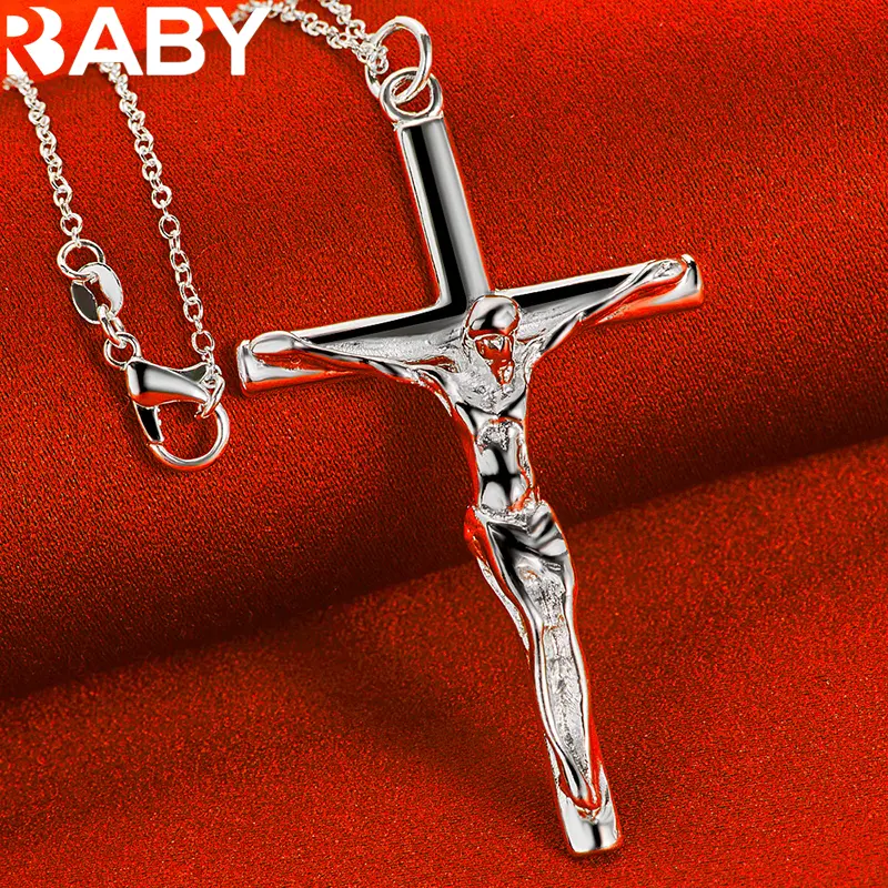 925 Sterling Silver Jesus Cross Pendant Necklace For Man Women 18-30 Inch Snake Chain Fashion Jewelry Individuality Accessories - Image 2