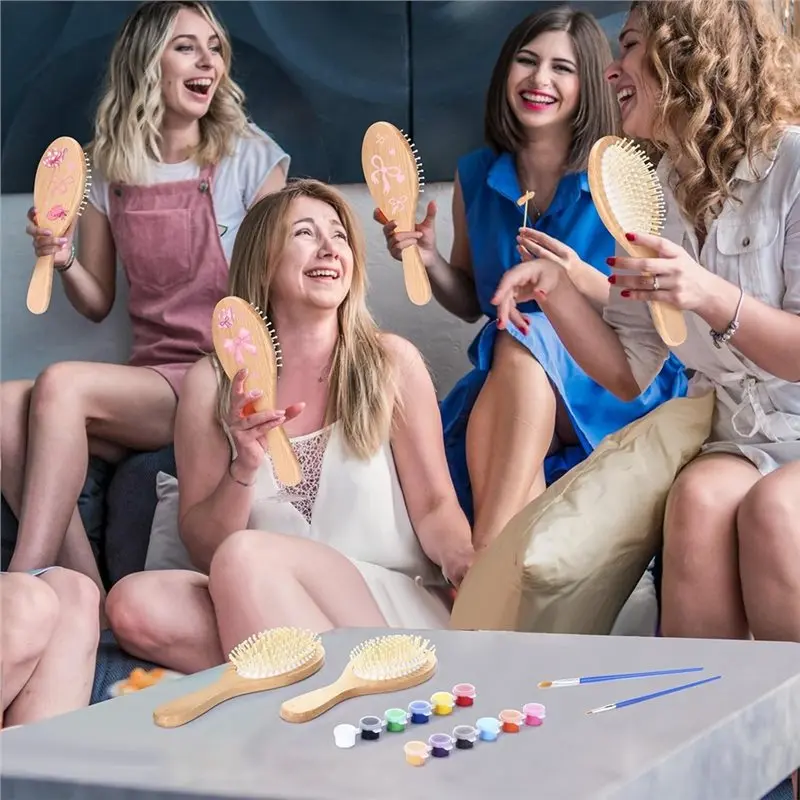 C-Convenient-DIY 나무 헤어 브러쉬 페인팅 키트 6세트 나이트 파티 핸드페인팅 헤어 브러쉬에는 페인트 브러쉬와 팔레트가 포함되어 있습니다.