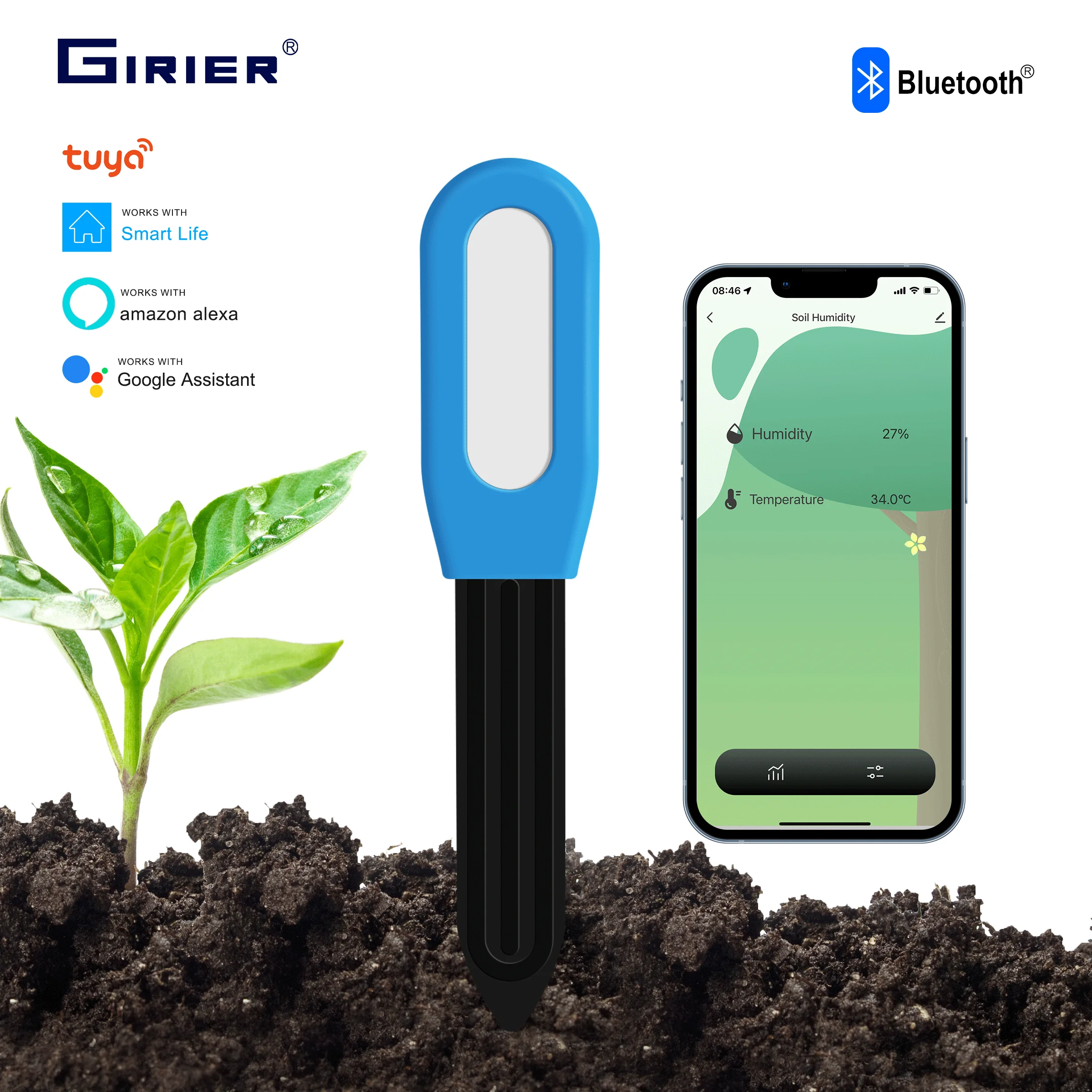 Girier-smart Bluetooth Soil Moisture Meter Sensor de Temperatura sem Fio Funciona com Alexa Jardim Quintal Estufa Hub Necessário