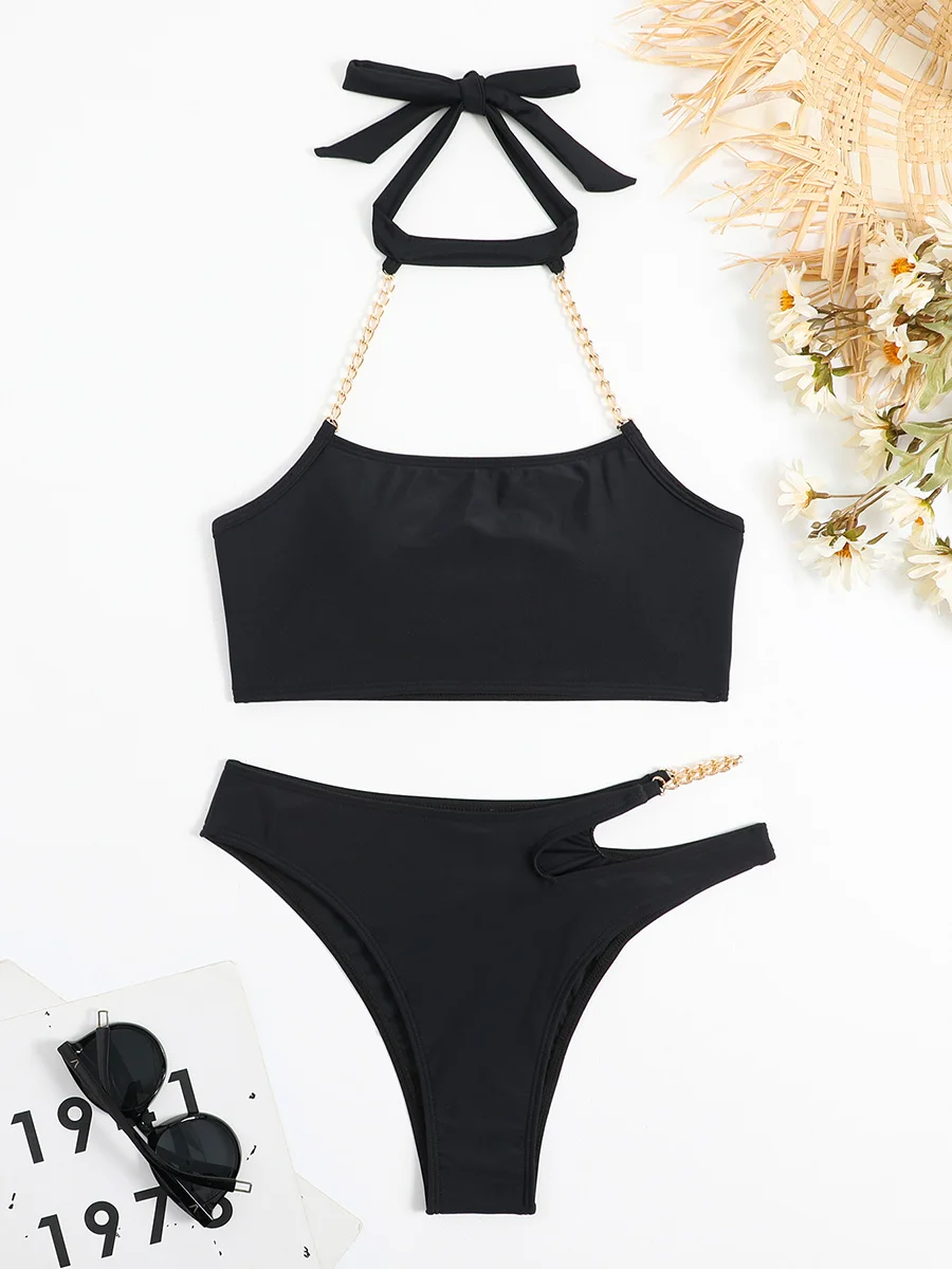 Sexy Metal Chains Halter Bikini Women Bikinis Mid Waist Swimwear Female Swimsuit Two-pieces Bikini set 2024 Bathing Suit Swim