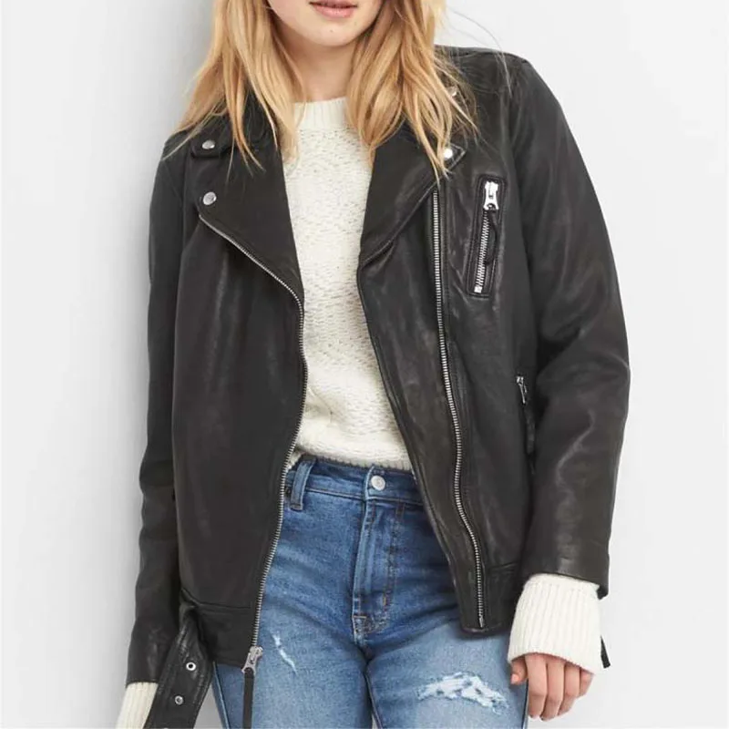 2023 BF Boyfriend Style Women's Oversize Genuine Leather Sheepskin Coat Motorcycle Jacket for Lady Female Black Plus Big Size XL