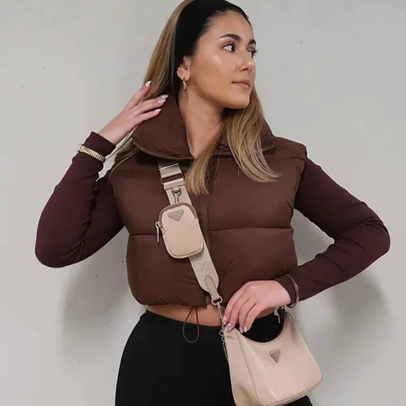 Casual High Collar Coffee Color Parkas Women Fashion Zipper Sleeveless Solid New Jackets Vest Short Outwear Chic Lady Streetwear