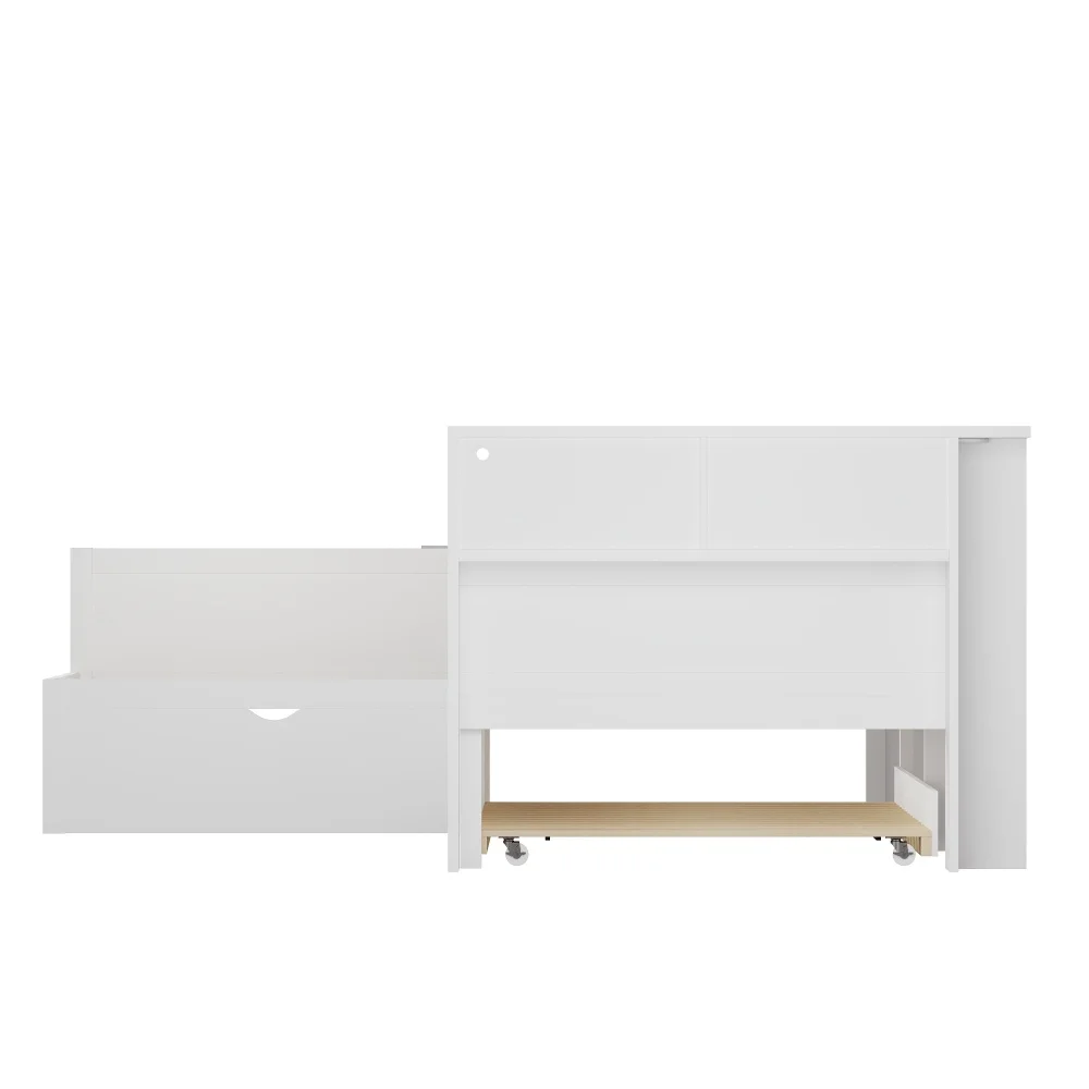 90 x 200 cm großes modernes L-förmiges Plattformbett aus Holz mit ausziehbarem Bett und Schublade, 5 Ablagefächern, Steckdosen und USB-C-Anschluss – Detail 13