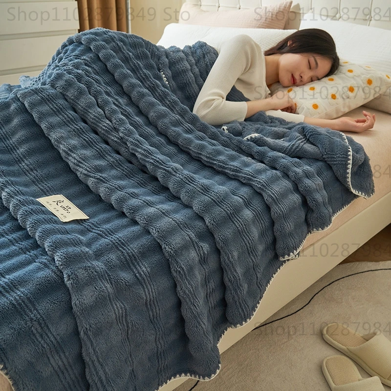 

Solid Striped Air Conditioning Blanket Plush Velvet Throw Blanket Adult Bed Cover Warm Fluffy Blanket Bedspread for Sofa Bedroom