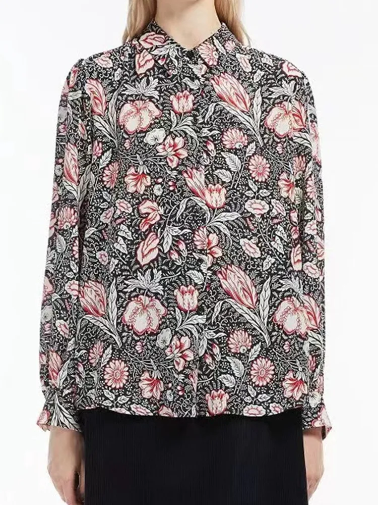 

2022 Autumn Women Classic Turn-Down 100% Silk Shirt Curved Hem Long Sleeve Floral Printing Female Blouse