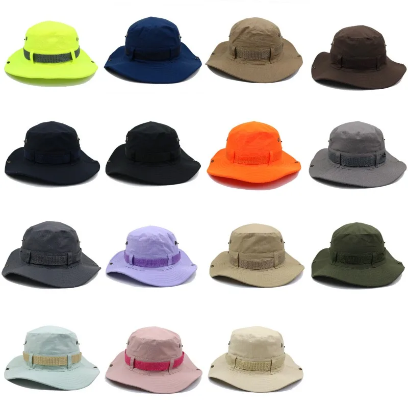Custom Print Logo Outdoor Sunscreen Big Eaves Camping Bucket Hat Men and Women Denim Sunshade Drawstring Breathable Fishing Cap 2