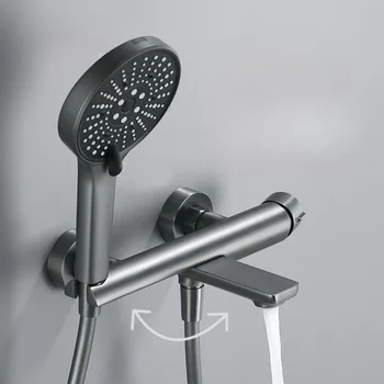 ก๊อกน้ําข้างอ่างอาบน้ําแบบขยายสีเทาปืนหรูหราน้ําร้อนและน้ําเย็นวาล์วผสมทองเหลืองพร้อมฝักบัวปืนฉีด 1