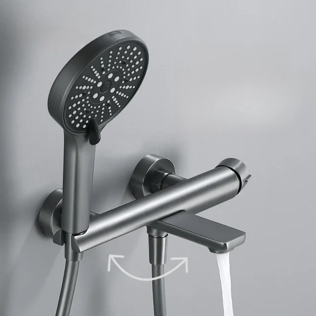 ก๊อกน้ําข้างอ่างอาบน้ําแบบขยายสีเทาปืนหรูหราน้ําร้อนและน้ําเย็นวาล์วผสมทองเหลืองพร้อมฝักบัวปืนฉีด 1