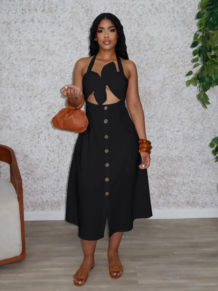 Wmstar Dresses for Women Wholesale Sexy Sweet Hollow Out Solid Color Knotted Decorated Lapel Neckline Party Dress Dropshopping