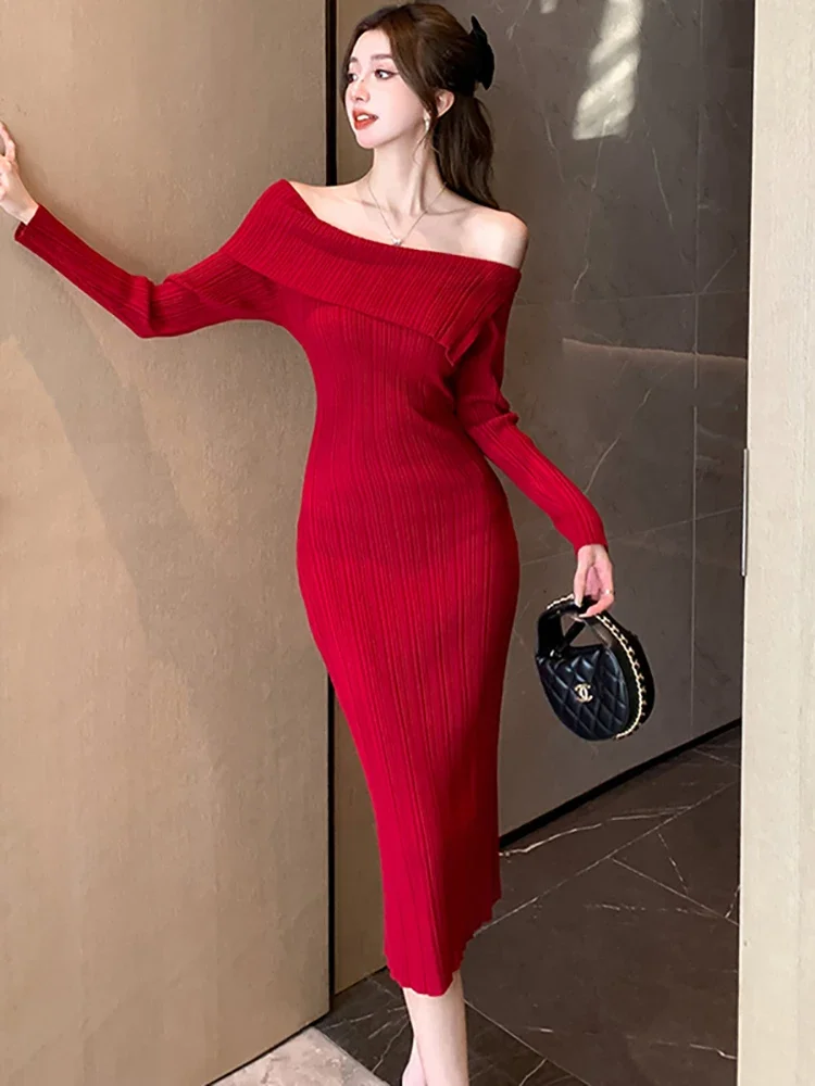

Red Knitted One Piece Long Dress for Women 2023 Fashion Chic Slash Neck Sexy Club Dress Gown Autumn Winter Elegant Sweater Dress