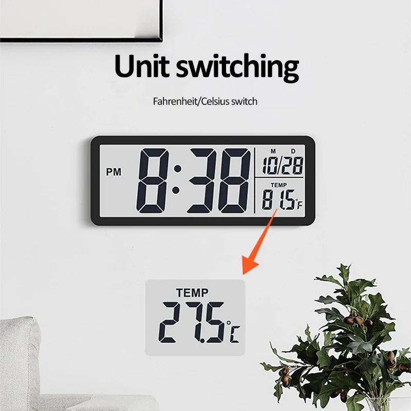 Digital Wall Clock Electronic Wall Mounted LCD Clock Modern Desktop Alarm Bedroom Home Decor with Date Temperature Display wall clock,digital wall clock,digital display clock