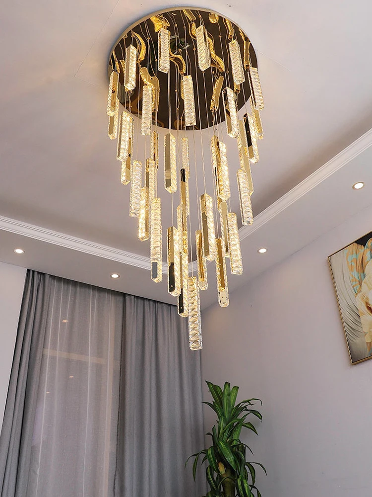 Modern LED Crystal Chandelier K9 Crystal Stair Light Chrome Gold