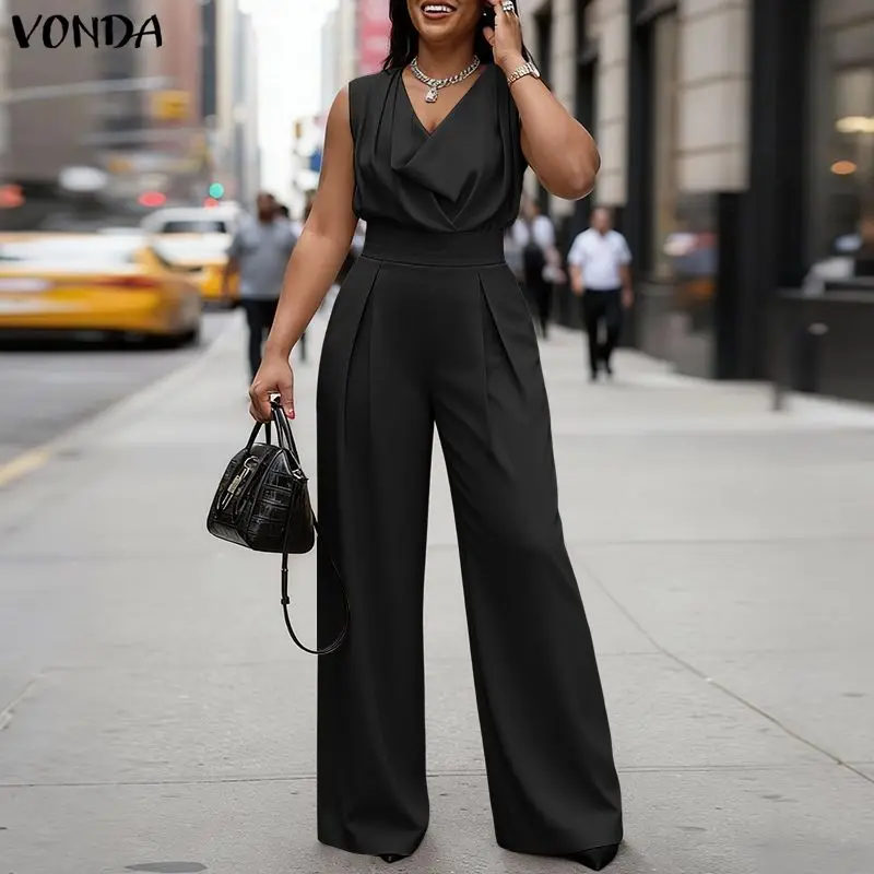 Summer Women Jumpsuits VONDA Sleeveless Fashion Wide Leg  Jumpsuits Rompers Playsuit Elegant OL Work Overalls Solid Trousers 1