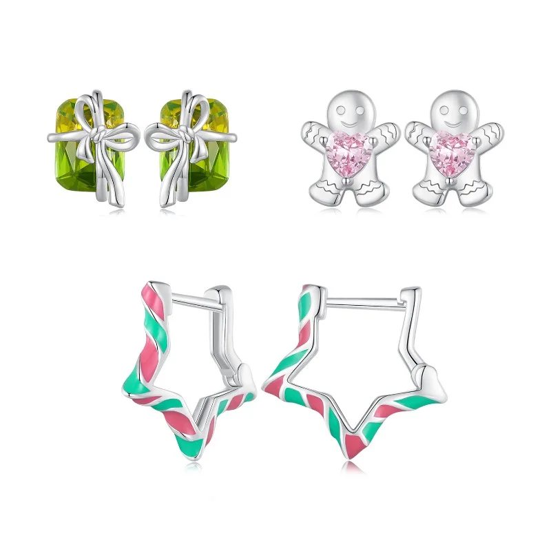 

925 Sterling Silver Star Shape Ear Buckles Colorful Verdelite Enamel Hoop Earrings for Women Christmas Fine Jewelry Gift