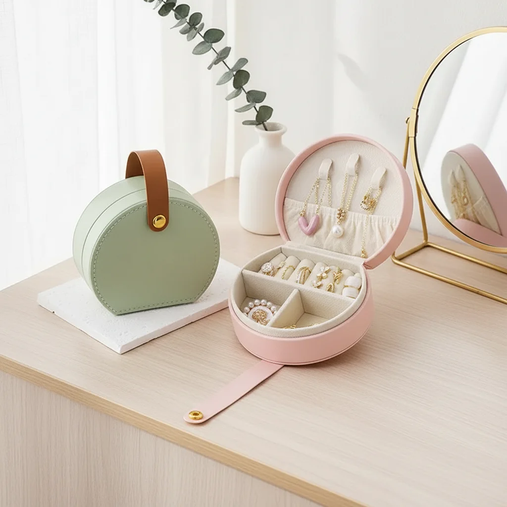Compact Leather Travel Jewelry Organizer with Portable Storage for Earrings, Necklaces, and Rings