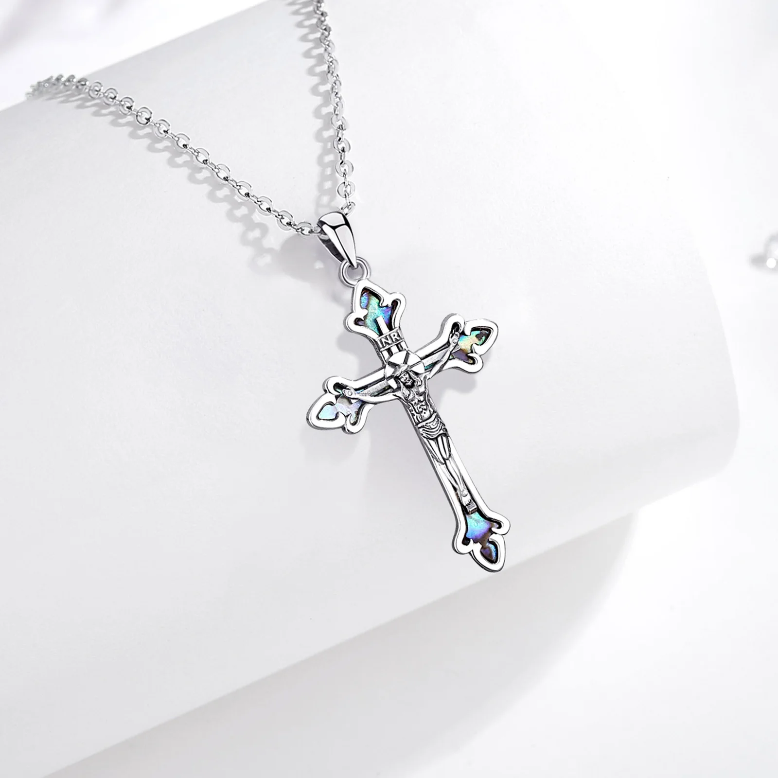 Abalone Jesus Silver Cross Unisex Necklace - Image 5