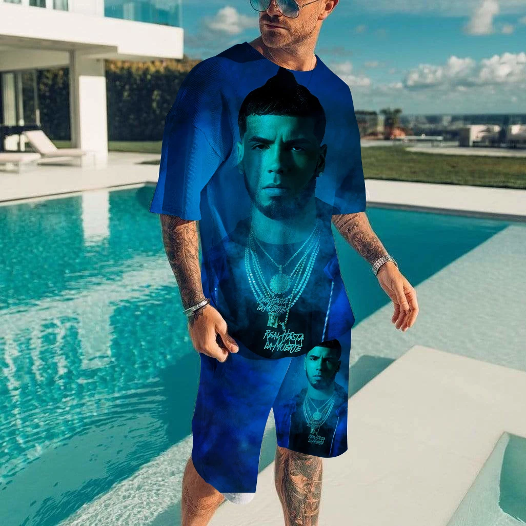 Men T-shirt Sets Rapper Anuel AA 3D Print Fashion Tracksuit T Shirts Shorts 2 Pieces Male Streetwear Oversized Suits Sportswear 2