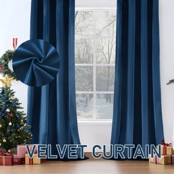 Blue Velvet Half Blackout Curtain Panel – Modern Elegant Window Drapes 1