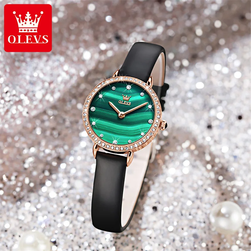 OLEVS Brand Fashion Green Small Dial Quartz Watches Women Luxury Diamond Leather Strap Waterproof Ladies Watch Relogio Feminino