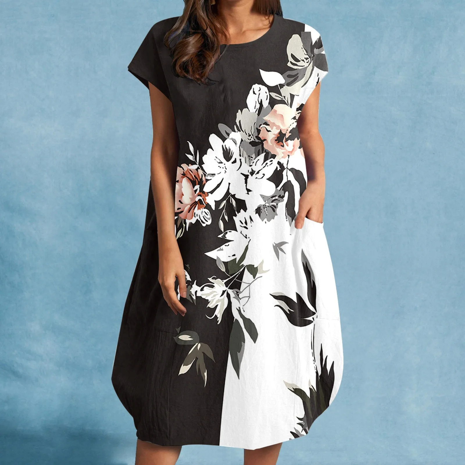 

Женское свободное платье с цветочным принтом, круглым вырезом и карманами