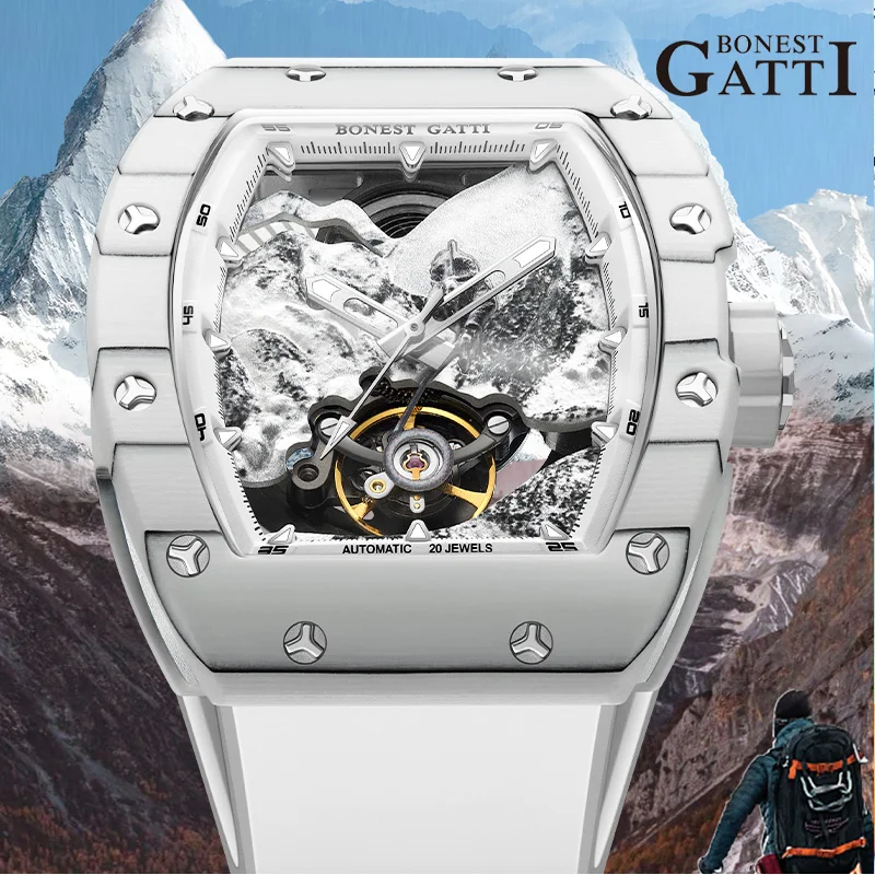 bonest gatti 腕時計　自動巻き　スケルトン Bonest Gatti-男性用自動巻き時計,機械式トノー腕時計,カーボン