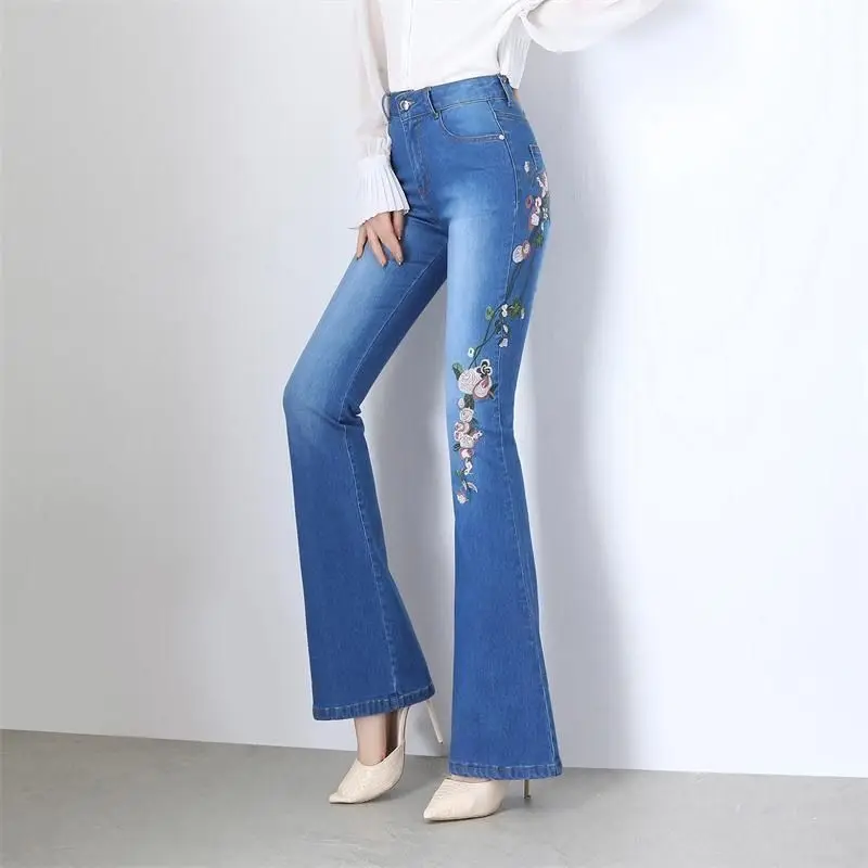 

Vintage Floral Embroidered Flared Jeans Women's High Waisted Denim Pants 2024 Spring Summer Washed Stretch Trousers 3XL