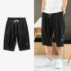 Men's Plus Size Casual Summer Harem Capris - Chinese Style Baggy Calf-Length Pants - M(27-28) (Black)