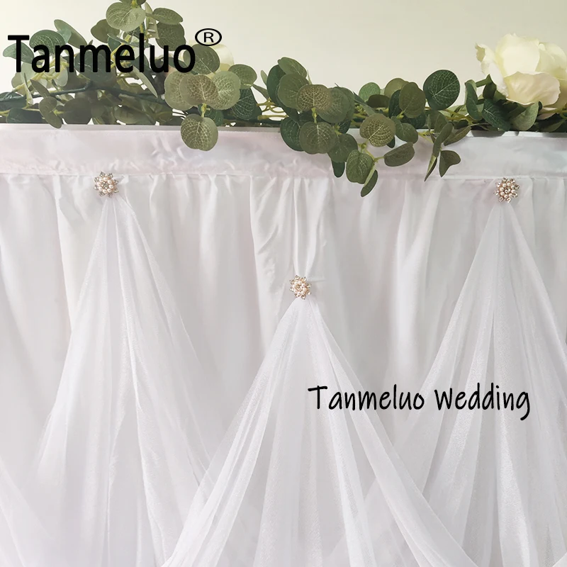 White Tulle Table Skirt Rectangle with Buckle Tablecloth for Wedding Bridal Shower Baby Birthday Party Banquet Table Decorations