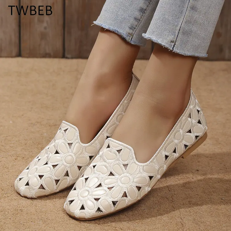 

Square Toe Summer Shoes for Women Embroidery Designer Shoes Soft Slipon Loafers Moccasin Leisure Women's Ballet Flats