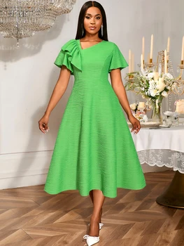Abito longuette da donna elegante a linea A con colletto obliquo maniche corte con volant volant a vita alta pieghettato per abito causale da ufficio